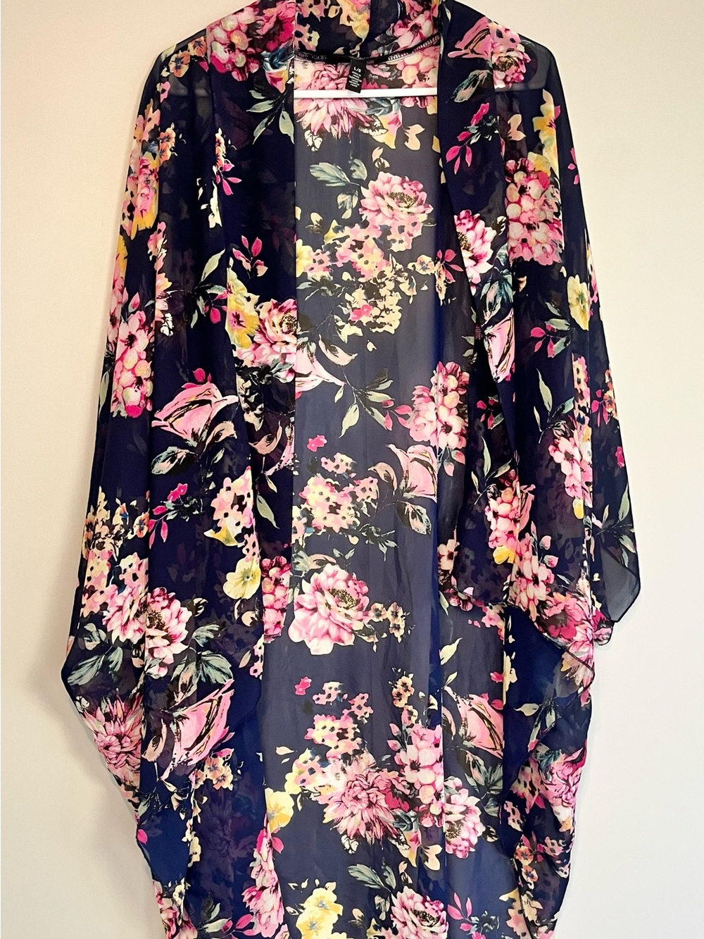 Navy Floral Sheer Kimono Cardigan Cover Up Boho Open Front Size Large